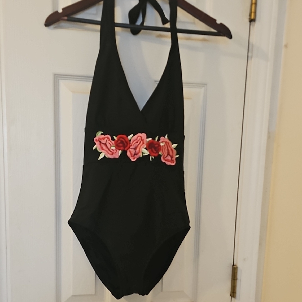 Black Halter Swimsuit with Floral Embroidery